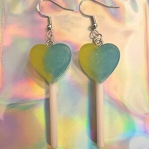 Handmade Lime Green Blue Ombre Glitter Resin Heart Lollipop Dangle Earrings